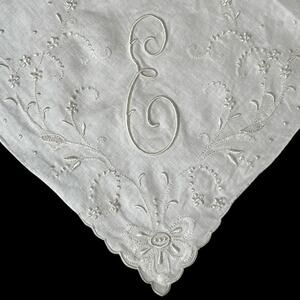 Handkerchief E Monogram White On White Hankie Satin Stitch Embroidery 13.5"